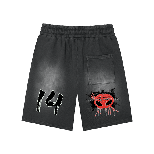 FROM  "THE HOUSE OF OFFPLANETISH" THE INVASION COLLECTION Rectangle Patch Monkey Washed Shorts  - 360 GSM