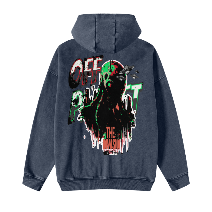 FROM “THE HOUSE OF OFFPLANETISH “ THE INVASION Streetwear Acid Washed Zip Fleece  Hoodie Jacket - 360 GMS