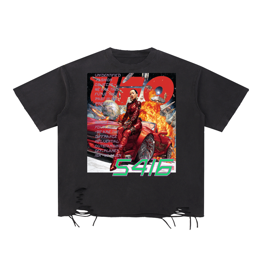 UFO We Alien Snow Washed Raw-Hem T-Shirt