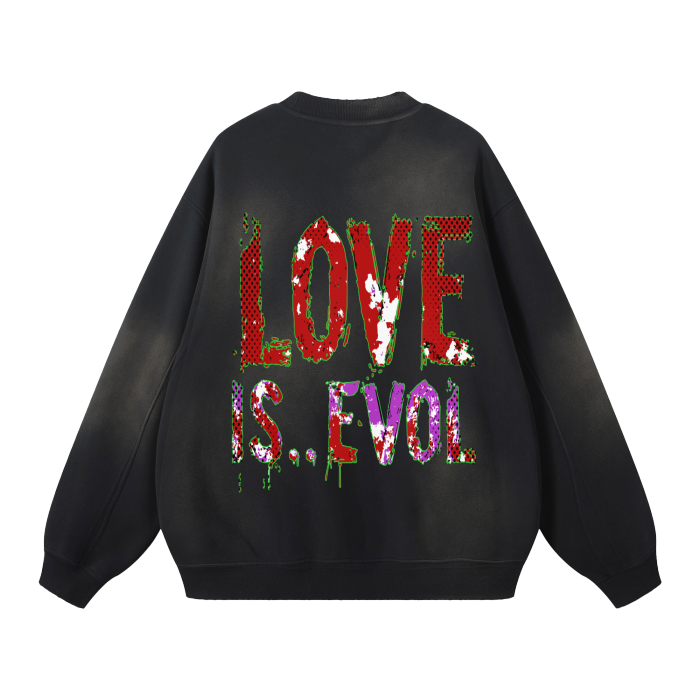 FROM "THE HOUSE OF OFFPLANETISH" LOV IS E.V.O.L. COLLECTION Streetwear Unisex Monkey Washed Dyed Fleece Pullover