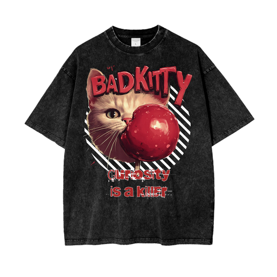 FROM "THE HOUSE OF OFFPLANETISH" BAD KITTY" Acid Wash Oversize T-Shirt - 250 GSM