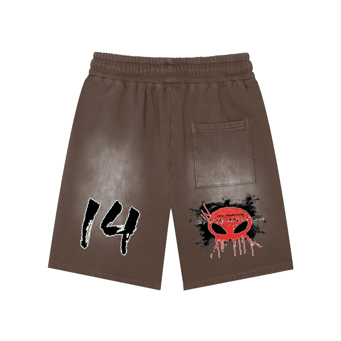 FROM  "THE HOUSE OF OFFPLANETISH" THE INVASION COLLECTION Rectangle Patch Monkey Washed Shorts  - 360 GSM