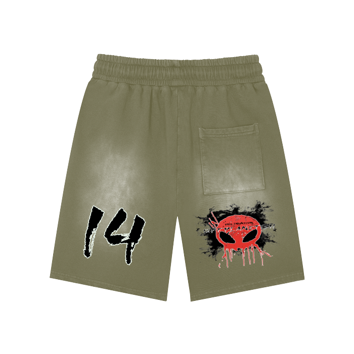 FROM  "THE HOUSE OF OFFPLANETISH" THE INVASION COLLECTION Rectangle Patch Monkey Washed Shorts  - 360 GSM