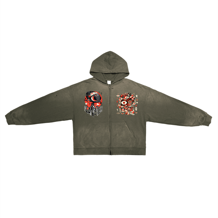 FROM "THE HOUSE OF OFFPLANETISH" ALIEN ART COLLECTION Post-Apocalyptic Aesthetic Pure Cotton Hand-Frayed Monkey Washed Zip Hoodie